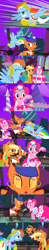Size: 1920x9720 | Tagged: safe, alternate version, artist:christhes, character:applejack, character:pinkie pie, character:rainbow dash, species:earth pony, species:pegasus, species:pony, comic:friendship is dragons, annoyed, bandana, clothing, collaboration, comic, crash, crossover, dancing, dragon age, ear piercing, earring, eyes closed, female, flying, freckles, grin, hat, hourglass, isabela, jewelry, laurel wreath, mare, mind control, night, onomatopoeia, pendulum swing, piercing, ponified, raised hoof, rearing, show accurate, shrug, smiling, stars, swirly eyes, tongue out, top hat, unamused, wingblade