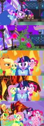 Size: 1920x5400 | Tagged: safe, alternate version, artist:christhes, character:applejack, character:fluttershy, character:pinkie pie, character:twilight sparkle, character:twilight sparkle (unicorn), species:earth pony, species:pegasus, species:pony, species:unicorn, comic:friendship is dragons, blast, braided tail, clothing, collaboration, comic, dress, eyes closed, freckles, gala dress, glowing horn, grin, hat, holding a pony, hoof shoes, horn, looking back, looking up, magic, magic blast, night, onomatopoeia, running, sacred, scared, show accurate, smiling, stars, vine, worried