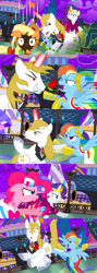 Size: 1920x5400 | Tagged: safe, alternate version, artist:christhes, character:applejack, character:pinkie pie, character:prince blueblood, character:rainbow dash, character:rarity, species:earth pony, species:pegasus, species:pony, species:unicorn, comic:friendship is dragons, alicorn amulet, alternate eye color, angry, burnt, clothing, collaboration, comic, dress, evil grin, female, flower in mouth, frown, gala dress, glowing horn, grin, gritted teeth, hat, horn, jewelry, kicking, looking at you, male, mare, night, raised hoof, rose, rose in mouth, show accurate, smiling, stallion, stars, surprised, tiara, unshorn fetlocks, wide eyes