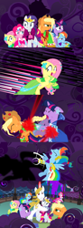 Size: 1920x5200 | Tagged: safe, alternate version, artist:christhes, character:applejack, character:fluttershy, character:pinkie pie, character:prince blueblood, character:rainbow dash, character:rarity, character:twilight sparkle, species:pony, comic:friendship is dragons, alicorn amulet, alternate eye color, angry, blast, bucking, clothing, collaboration, comic, confused, derp, dress, evil grin, eyes closed, female, fight, fog, freckles, frown, gala dress, glare, glass slipper, glowing horn, grin, hat, high heels, horn, injured, jewelry, laurel wreath, lip bite, looking back, magic, magic beam, magic blast, male, mane six, mare, messy mane, onomatopoeia, possessed, scared, shadow, shoes, show accurate, sitting, smiling, stallion, tiara, wide eyes, worried