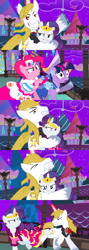 Size: 1920x5400 | Tagged: safe, alternate version, artist:christhes, character:pinkie pie, character:rarity, character:twilight sparkle, character:twilight sparkle (unicorn), species:earth pony, species:pony, species:unicorn, comic:friendship is dragons, alicorn amulet, alternate eye color, angry, biting, bucking, clothing, collaboration, comic, dress, evil grin, female, flower, frown, gala dress, glare, glass slipper, glowing horn, grin, high heels, horn, injured, jewelry, looking back, male, mare, night, possessed, rose, shoes, show accurate, smiling, stallion, stars, tiara, unshorn fetlocks, worried