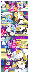 Size: 612x1553 | Tagged: safe, artist:christhes, character:applejack, character:fluttershy, character:pinkie pie, character:prince blueblood, character:rainbow dash, character:rarity, character:twilight sparkle, character:twilight sparkle (unicorn), species:earth pony, species:pegasus, species:pony, species:unicorn, comic:friendship is dragons, alicorn amulet, angry, cheering, clothing, collaboration, comic, covering ears, dialogue, dress, eyes closed, female, flower, gala dress, glare, glass slipper, glowing horn, grin, high heels, hoof shoes, horn, injured, jewelry, lightning, looking back, male, mane six, mare, music notes, night, onomatopoeia, pom pom, possessed, raised hoof, rose, shoes, show accurate, smiling, stallion, stars, tiara, unshorn fetlocks
