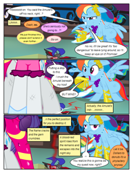Size: 612x792 | Tagged: safe, artist:christhes, character:rainbow dash, character:rarity, species:pegasus, species:pony, comic:friendship is dragons, alicorn amulet, clothing, collaboration, comic, crushing, dialogue, dress, female, frown, gala dress, glass slipper, grin, high heels, implied applejack, implied fluttershy, implied twilight sparkle, injured, laurel wreath, mare, raised hoof, shocked, shoes, show accurate, smiling