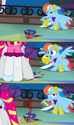 Size: 1920x3240 | Tagged: safe, alternate version, artist:christhes, character:rainbow dash, character:rarity, species:pegasus, species:pony, comic:friendship is dragons, alicorn amulet, clothing, collaboration, comic, crushing, dress, female, frown, gala dress, glass slipper, grin, high heels, implied applejack, implied fluttershy, implied twilight sparkle, injured, laurel wreath, mare, raised hoof, shocked, shoes, show accurate, smiling