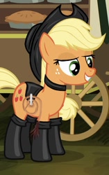 Size: 294x468 | Tagged: safe, artist:xormak, edit, edited screencap, screencap, character:applejack, species:earth pony, species:pony, episode:somepony to watch over me, g4, my little pony: friendship is magic, bdsm, bedroom eyes, boots, choker, cropped, dominatrix, female, femdom, fireproof boots, food, grin, leather, leather clothes, lidded eyes, mare, pie, shoes, smiling, solo, wagon, whip