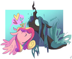 Size: 985x811 | Tagged: safe, artist:virtualkidavenue, character:princess cadance, character:queen chrysalis, species:alicorn, species:changeling, species:pony, ship:cadalis, abstract background, alternate universe, buzzing wings, changeling queen, crown, dialogue, exclamation point, eye clipping through hair, eyes closed, female, floppy ears, heart, infidelity, jewelry, lesbian, mare, missing accessory, nuzzling, quadrupedal, regalia, shipping, smiling, speech bubble, wavy mouth, wings