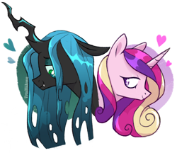 Size: 1280x1108 | Tagged: safe, artist:virtualkidavenue, character:princess cadance, character:queen chrysalis, species:changeling, species:pony, ship:cadalis, bust, changeling queen, female, floppy ears, heart, infidelity, lesbian, lidded eyes, mare, missing accessory, quadrupedal, shipping, simple background, smiling, white background