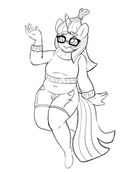 Size: 2000x2600 | Tagged: safe, artist:leslers, character:moondancer, species:anthro, species:pony, species:unicorn, chubby, clothing, female, glasses, lineart, plump, simple background, solo, white background