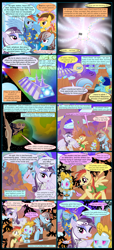 Size: 1000x2190 | Tagged: safe, artist:christhes, character:rainbow dash, oc, oc:cloud raine, oc:drg-1, oc:pale moonlight, oc:sunrider, oc:wind whistler, species:bat pony, species:dragon, species:pony, comic:friendship is dragons, alien, armor, bat pony oc, collaboration, comic, crossover, dialogue, eyes closed, fight, flag, flying, grin, implied applejack, implied fluttershy, implied pinkie pie, implied rarity, implied twilight sparkle, looking up, mouth hold, pirate, raised hoof, rearing, robot, slit eyes, smiling, space, spaceship, star wars, stars, weapon, wing hands, wing hold, wings