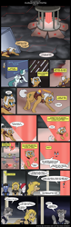 Size: 800x2561 | Tagged: safe, artist:digoraccoon, artist:winged cat, oc, oc only, oc:doc wagon, oc:gin gear, species:earth pony, species:pegasus, species:pony, comic:friendship is dragons, armor, clothing, collaboration, comic, dialogue, earth pony oc, female, frog (hoof), glasses, guard, hiding, male, mare, pegasus oc, running, stallion, surprised, unamused, underhoof, wings
