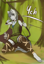 Size: 960x1392 | Tagged: safe, artist:mintjuice, species:anthro, action pose, advertisement, archer, archery, arrow, clothing, commission, forest, shooting, sitting, tree, weapon, your character here
