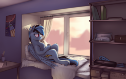Size: 4000x2500 | Tagged: safe, artist:toanderic, oc, oc only, oc:icylightning, species:pegasus, species:pony, bed, bedroom, blanket, blueprint, book, box, cat, coffee, cup, curtains, female, mare, picture, poster, rocket, shelves, solo, sunrise, table, unshorn fetlocks, window, windowsill
