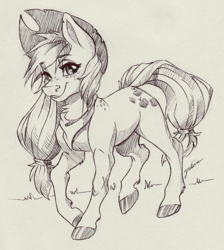 Size: 1816x2025 | Tagged: safe, artist:faline-art, character:applejack, species:earth pony, species:pony, bandana, clothing, colored hooves, cowboy hat, female, freckles, grayscale, hat, ink drawing, looking at you, mare, monochrome, neckerchief, signature, smiling, solo, traditional art