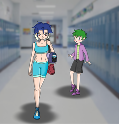 Size: 1359x1420 | Tagged: safe, artist:banquo0, character:princess ember, character:spike, species:human, ship:emberspike, belly button, blushing, clothing, female, humanized, male, midriff, school, shipping, sports bra, straight, workout outfit