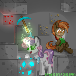 Size: 2000x2000 | Tagged: safe, artist:redheartponiesfan, character:button mash, character:sweetie belle, species:earth pony, species:pony, species:unicorn, colt, crown, don't mine at night, female, filly, happy, jewelry, joyboy, magic, male, minecraft, open mouth, pickaxe, regalia, tongue out