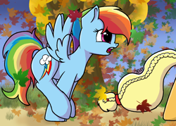 Size: 2100x1500 | Tagged: safe, artist:jellysiek, character:applejack, character:rainbow dash, species:earth pony, species:pegasus, species:pony, episode:fall weather friends, g4, my little pony: friendship is magic, alternate hairstyle, female, leaf, leaves, mare, open mouth, running, running of the leaves, tree
