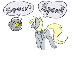 Size: 1067x821 | Tagged: safe, artist:cider, character:derpy hooves, species:pegasus, species:pony, 30 minute art challenge, crossover, female, mare, personality core, portal (valve), space core