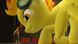 Size: 2500x1406 | Tagged: safe, artist:johnnyxluna, character:spitfire, species:pony, 3d, bowing, cute, cutefire, giant pegasus, giant pony, giant/macro spitfire, goggles, grin, looking at you, looking down at you, macro, nervous, nervous grin, scout, smiling