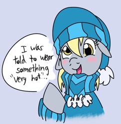 Size: 777x800 | Tagged: safe, artist:elosande, character:derpy hooves, species:pegasus, species:pony, blushing, cap, clothing, female, floppy ears, hat, mare, pun, scarf, solo