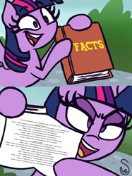 Size: 3420x4568 | Tagged: safe, artist:quarium, artist:quarium edits, edit, character:twilight sparkle, character:twilight sparkle (alicorn), species:alicorn, species:pony, season 9, spoiler:s09, 2 panel comic, bipedal, book, caption, comic, ed edd n eddy, exploitable, exploitable meme, facts, female, finale, glare, high res, hoof hold, image macro, info, lidded eyes, mare, meme, open mouth, pointing, schedule, smiling, smirk, solo, spread wings, text, time, twilight's fact book, wide eyes, wings