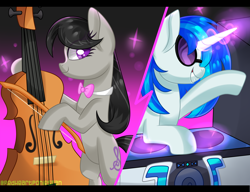 Size: 3000x2300 | Tagged: safe, artist:redheartponiesfan, character:dj pon-3, character:octavia melody, character:vinyl scratch, species:pony, bow (instrument), cello, cello bow, musical instrument, turntable