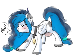 Size: 1024x752 | Tagged: safe, artist:xnightmelody, oc, oc only, oc:melody breeze, species:cow, species:pegasus, species:pony, bell, blushing, cow pony, cowbell, udder
