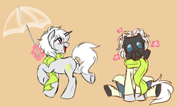 Size: 1024x623 | Tagged: safe, artist:xnightmelody, species:pony, species:unicorn, clear, clothing, dramatical murder, duo, gas mask, looking up, magic, mask, ponified, scarf, simple background, sitting, telekinesis, umbrella