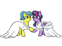 Size: 2732x2048 | Tagged: safe, artist:turnaboutart, character:lemon hearts, character:twilight sparkle, character:twilight sparkle (alicorn), species:alicorn, species:pony, species:unicorn, ship:lemonlight, alternate hairstyle, clothing, dress, female, holding hooves, horn, horn ring, lesbian, marriage, ring, shipping, wedding, wedding dress, wedding ring