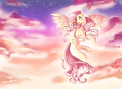 Size: 2600x1900 | Tagged: safe, artist:dream--chan, character:fluttershy, species:pegasus, species:pony, butterfly, female, flying, head turn, looking at something, looking back, mare, profile, sky, solo, spread wings, wings