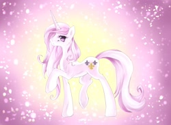 Size: 2600x1900 | Tagged: safe, artist:dream--chan, character:fleur-de-lis, species:pony, species:unicorn, abstract background, backlighting, female, frown, mare, raised hoof, solo
