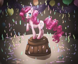 Size: 2200x1800 | Tagged: safe, artist:dream--chan, character:pinkie pie, species:earth pony, species:pony, balloon, confetti, female, mare, raised hoof, smiling, solo