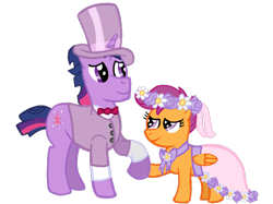 Size: 2732x2048 | Tagged: safe, artist:turnaboutart, character:scootaloo, character:twilight sparkle, character:twilight sparkle (unicorn), oc:dusk shine, species:pegasus, species:pony, species:unicorn, episode:a canterlot wedding, g4, my little pony: friendship is magic, adopted offspring, clothing, cuffs (clothes), dress, father and daughter, female, floral head wreath, flower, flower filly, flower girl, flower girl dress, flower in hair, hat, holding hooves, male, rule 63, simple background, stallion, suit, top hat, transparent background, tuxedo, wedding