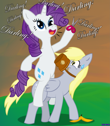 Size: 1241x1422 | Tagged: source needed, safe, artist:senx, character:derpy hooves, character:rarity, species:pony, bipedal, darling, derp, feed bag, one word, ponies riding ponies, rerity, riding, scissors, this will end in tears and/or death