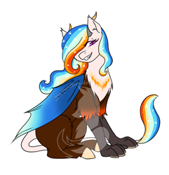 Size: 2243x2324 | Tagged: safe, artist:fuyusfox, oc, oc only, parent:discord, parent:princess celestia, parents:dislestia, species:draconequus, ethereal mane, fangs, female, galaxy mane, hair over one eye, hybrid, interspecies offspring, multicolored hair, obtrusive watermark, offspring, rainbow hair, simple background, smiling, solo, watermark, white background
