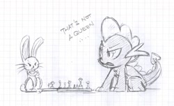 Size: 1280x777 | Tagged: safe, artist:skutchi, character:angel bunny, character:spike, species:dragon, chess, duo, graph paper, male, monochrome, traditional art