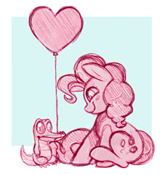 Size: 624x661 | Tagged: safe, artist:ponycide, character:gummy, character:pinkie pie, species:earth pony, species:pony, abstract background, alligator, balloon, blush sticker, blushing, cute, diapinkes, duo, female, heart, heart balloon, mare, monochrome, mouth hold