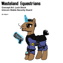 Size: 800x800 | Tagged: safe, artist:velgarn, oc, oc:lock stock, species:pony, species:unicorn, fallout equestria, armor, badge, cigarette, clothing, concept art, gun, knee pads, magic, male, pen and paper rpg, pipbuck, rpg, security armor, security guard, simple background, smoking, solo, stable-tec, suit, telekinesis, wasteland equestrians, weapon, white background