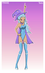 Size: 2000x3250 | Tagged: safe, artist:banquo0, character:trixie, species:human, art pack:my little persona, armpits, bare shoulders, boots, breasts, cape, cleavage, clothing, female, hat, humanized, leotard, shoes, simple background, solo