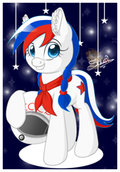 Size: 558x800 | Tagged: safe, artist:unisoleil, oc, oc only, oc:marussia, species:earth pony, species:pony, nation ponies, cyrillic, pioneer, russia, russian, solo, soviet union
