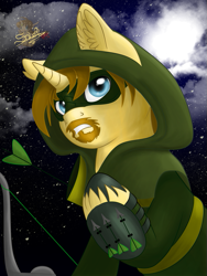 Size: 603x800 | Tagged: safe, artist:unisoleil, species:pony, arrow, oliver queen, ponified