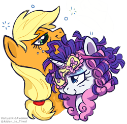 Size: 2717x2646 | Tagged: safe, artist:virtualkidavenue, character:applejack, character:rarity, species:earth pony, species:pony, species:unicorn, ship:rarijack, bust, female, hair curlers, lesbian, mare, shipping, simple background, transparent background