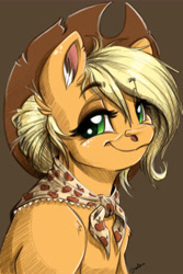 Size: 6000x9000 | Tagged: safe, artist:faline-art, character:applejack, species:earth pony, species:pony, episode:the last problem, g4, my little pony: friendship is magic, absurd resolution, applejack's hat, bandana, clothing, colored, cowboy hat, ear fluff, female, hat, lidded eyes, looking at you, mare, older, smiling, solo