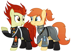 Size: 5800x4200 | Tagged: safe, artist:a4r91n, oc, oc only, oc:home sweet, oc:para focului, species:earth pony, species:pony, boots, clothing, cute, freckles, looking at each other, medal, military uniform, ponytail, raised hoof, shoes, simple background, skirt, transparent background, uniform, vector