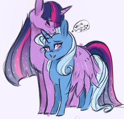 Size: 568x546 | Tagged: safe, artist:kittii-kat, character:trixie, character:twilight sparkle, character:twilight sparkle (alicorn), species:alicorn, species:pony, species:unicorn, ship:twixie, episode:the last problem, g4, my little pony: friendship is magic, blushing, cropped, dialogue, female, hug, lesbian, mare, older, older trixie, princess twilight 2.0, shipping, winghug