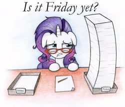 Size: 1942x1652 | Tagged: safe, artist:agamnentzar, edit, character:rarity, caption, female, friday, glasses, messy mane, solo, tired