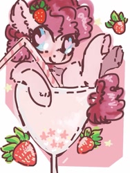 Size: 768x1024 | Tagged: safe, artist:supernoncutie, character:pinkie pie, species:earth pony, species:pony, cute, diapinkes, drink, ear fluff, female, food, heart eyes, leg fluff, mare, ponies in food, solo, straw, strawberry, strawberry milk, wingding eyes