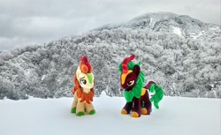 Size: 2048x1256 | Tagged: safe, artist:hihin1993, character:autumn blaze, character:cinder glow, character:summer flare, species:kirin, forest, hill, irl, japan, photo, plushie, scenery, snow