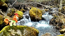 Size: 2048x1152 | Tagged: safe, artist:hihin1993, character:autumn blaze, irl, japan, photo, plushie, river, rock, solo, water, waterfall