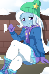 Size: 1200x1800 | Tagged: safe, artist:umejiru, character:trixie, equestria girls:holidays unwrapped, g4, my little pony: equestria girls, my little pony:equestria girls, spoiler:eqg series (season 2), anime, blushing, boots, clothing, crossed legs, cute, diatrixes, female, gloves, hat, jacket, legs, looking at you, miniskirt, moe, pantyhose, shoes, skirt, socks, solo, thighs