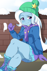 Size: 1200x1800 | Tagged: safe, alternate version, artist:umejiru, character:trixie, equestria girls:holidays unwrapped, g4, my little pony: equestria girls, my little pony:equestria girls, spoiler:eqg series (season 2), anime, blushing, boots, clothing, crossed legs, cute, diatrixes, female, gloves, hat, hoodie, jacket, legs, looking at you, miniskirt, mittens, moe, saving pinkie's pie, schrödinger's pantsu, shoes, skirt, solo, thighs, winter hat